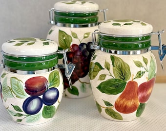 Vintage Sakura Sonoma Canister Set Fruit Kitchen Jars Pear Plum Grape Ceramic Storage Set of 3