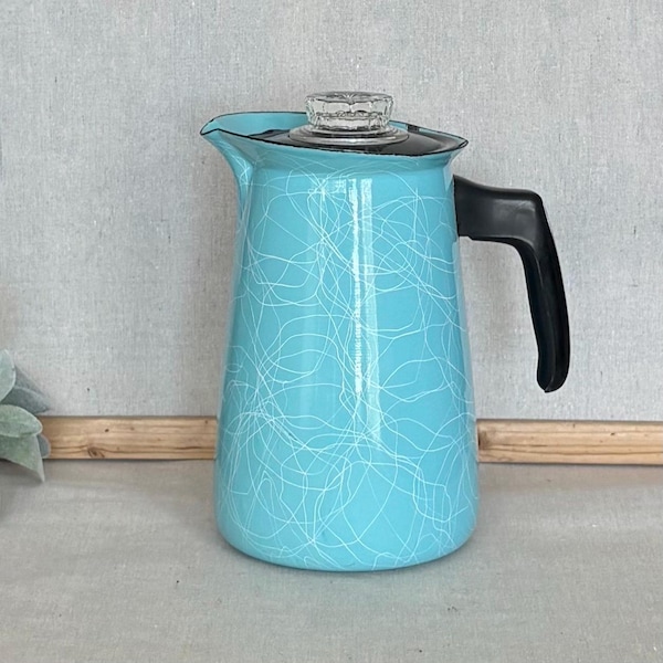 Vintage Turquoise Enamel Coffee Percolator, Mid Century Enamelware Coffee Pot