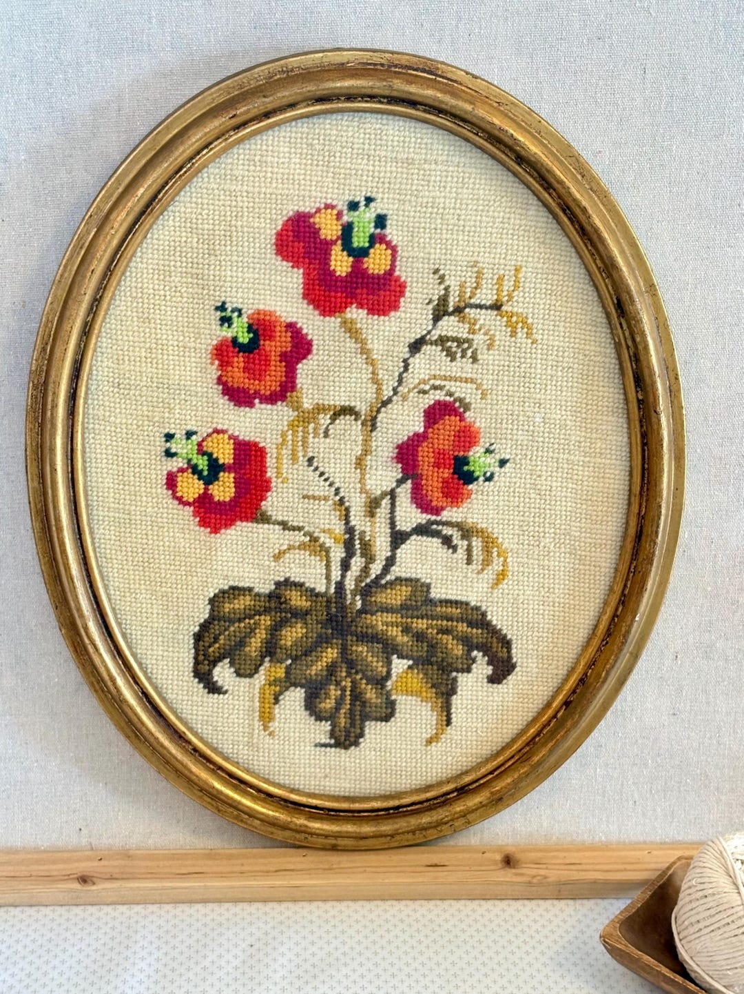 Vintage Floral Needlepoint Wall Art, Framed Needlepoint Flowers, Oval ...