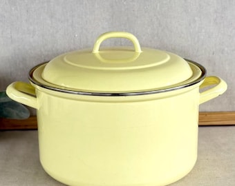 Vintage Yellow Enamel Stock Pot with Lid