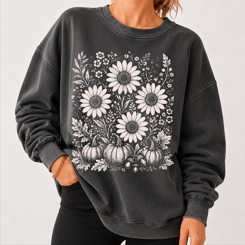 Boho Fall Floral Pumpkin PNG | Autumn Wildflower Pumpkin Design | Retro Fall Leaves Shirt Graphic | Sublimation Digital Download image 5