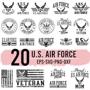 Puede incluir: Una colección de 20 diseños de la Fuerza Aérea de EE. UU. en blanco y negro. Los diseños incluyen el emblema de la Fuerza Aérea, texto e imágenes patrióticas. La imagen también incluye el texto "U.S. Air Force" y "Veteran".