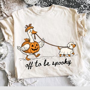 Off to Be Spooky Goose PNG | Cute Halloween Goose Walking Dog with Coffee & Pumpkin Bucket | Funny Fall Sublimation Digital Download