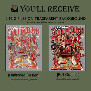 May include: Digital design featuring two versions of a Michael Jordan graphic. One is a halftoned design, and the other is a full graphic. Both designs include the text "Michael Jordan" and the number 23, with a Bulls theme.