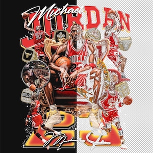 May include: A digital illustration featuring Michael Jordan in a red Chicago Bulls jersey, holding a basketball. The image includes the text "Michael Jordan" and "23", along with championship rings and other basketball-related imagery. The background is split black and white.