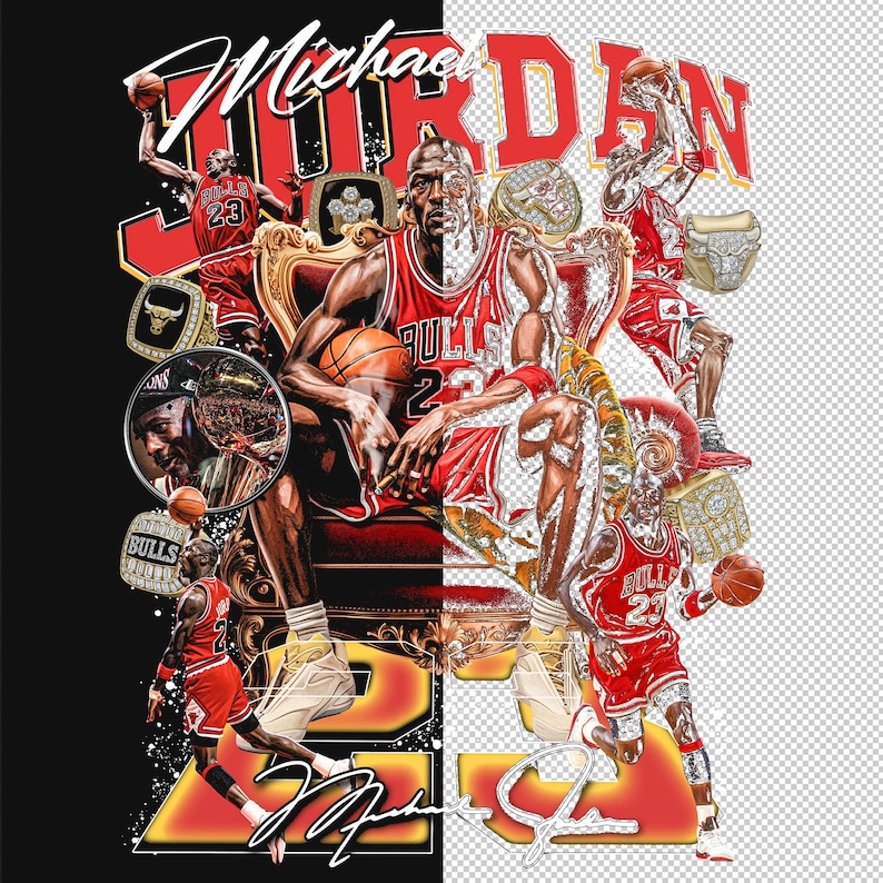 May include: A digital illustration featuring Michael Jordan in a red Chicago Bulls jersey, holding a basketball. The image includes the text "Michael Jordan" and "23", along with championship rings and other basketball-related imagery. The background is split black and white.