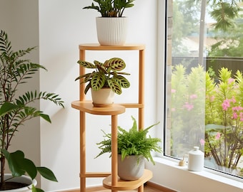3段竹製プラントラック - コンパクトなフロアフラワーポットディスプレイスタンド