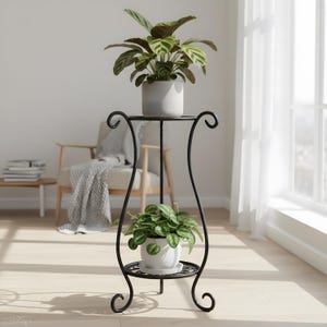 Puede incluir: Un soporte para plantas de metal negro de dos niveles, cada uno con una planta en maceta. La planta superior tiene hojas grandes verdes y marrones, la planta inferior tiene hojas pequeñas y redondas verdes. El soporte tiene adornos decorativos.