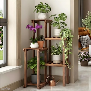 6 Tier Wooden Plant Stand - Corner Ladder Style Flower Pot Shelf Rack
