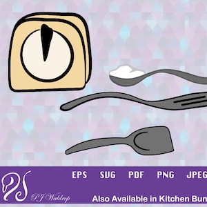 May include: A set of four kitchen tools, including a timer, a spoon, a spatula, and a turner. The tools are all black and white and have a cartoonish style.