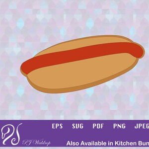 Peut inclure: Illustration de dessin animé d'un hot-dog. Le hot-dog a un pain brun et une saucisse rouge. L'image est placée sur un fond à motifs. Le texte en bas indique "Also Available in Kitchen Bundle."