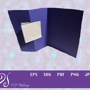 May include: A purple card with a white square in the center. The card is folded in half and the white square is visible on the front of the card.