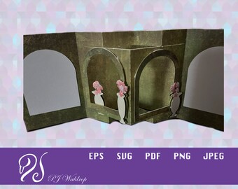 May include: A green and brown papercraft card with three arched windows and pink flowers in vases. The card is folded to create a three-dimensional effect.