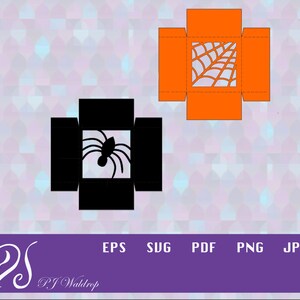 Könnte beinhalten: Eine schwarz-orangefarbene druckbare Vorlage für eine Schachtel mit Spinnennetz-Motiv. Die Schachtel besteht aus vier Teilen, die zusammengefügt werden. Die Vorlage enthält eine Spinnen-Silhouette im Inneren der Schachtel.