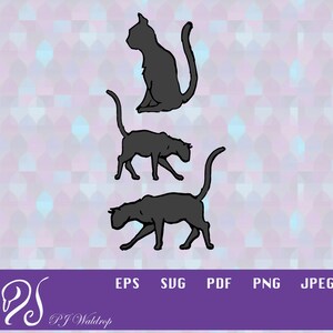 May include: Three black cat silhouettes in different poses. The top cat is sitting upright, the middle cat is walking, and the bottom cat is crouching.