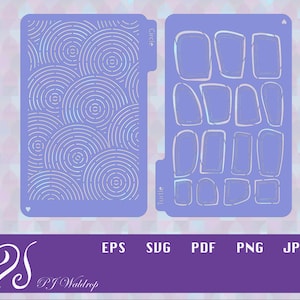 May include: Two purple stencils with white designs. The left stencil has a repeating pattern of circles. The right stencil has a repeating pattern of irregular shapes. The stencils are labeled "Circle" and "Tumble".