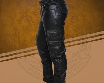 Men's Quilted Cowhide Leather Cargo Pants | Gothic Biker Streetwear Trousers