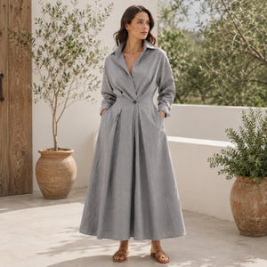 Gray Linen Maxi Dress, Long Sleeve Shirt Dress, Button Front Linen Dress, Casual Dress, Pockets