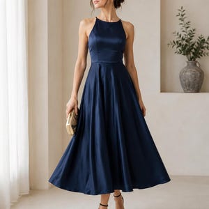 dark blue halter prom dress Navy Satin halter prom dress