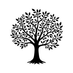 May include: A black silhouette graphic of a deciduous tree featuring a thick central trunk, spreading branches, and numerous small, oval-shaped leaves. The design is symmetrical and solid black, presented against a plain white background.