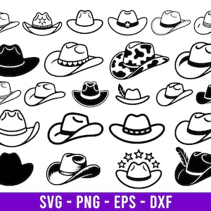 Puede incluir: Una colección de diseños de sombreros de vaquero en blanco y negro. Los sombreros varían en estilo, algunos con elementos decorativos como estrellas, plumas y bordes estampados. La imagen incluye el texto "SVG - PNG - EPS - DXF" en la parte inferior.