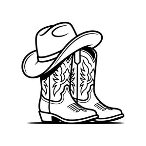 Può includere: Un'illustrazione in bianco e nero a tratto che raffigura un cappello da cowboy appoggiato su un paio di stivali in stile western. Gli stivali presentano intricati motivi decorativi cuciti sui gambali e sulle punte, in uno stile grafico pulito.