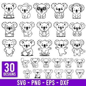 Pacchetto di 30 Koala Kawaii in formato SVG e PNG / Clipart di Koala in stile line art per Cricut, magliette e adesivi