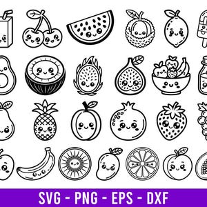 Puede incluir: Ilustraciones en blanco y negro de varias frutas y un cartón de jugo con caras lindas. Incluye cerezas, sandía, aguacate, coco, fruta del dragón, higo, cuenco de fruta, pera, piña, manzana, plátano, kiwi, mango, naranja y papaya.