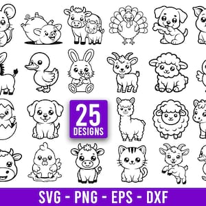 Puede incluir: Una colección de 25 diseños de animales en blanco y negro, que incluyen un ratón, un cerdo, una vaca, un pavo, un perro, un lechón, un burro, un pato, un conejo, una cabra, una oveja, un pollito, un pollito en un huevo, un perro, una llama, una oveja, un pony, una vaca, un pollito, una vaca, un gato, una cabra y un patito. La imagen también incluye el texto "25 DISEÑOS" y "SVG - PNG - EPS - DXF".