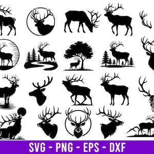May include: A collection of black silhouette images of deer in various poses. Some deer are standing, grazing, or have large antlers. The images include deer within circles, near trees, and with mountain backgrounds. The bottom of the image has the text "SVG - PNG - EPS - DXF".