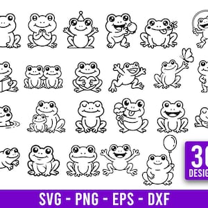 Puede incluir: Una colección de 30 diseños de ranas en blanco y negro en varias poses, incluyendo sosteniendo un globo, leyendo un libro y con un gorro de fiesta. La imagen incluye el texto "30 DESIGNS" en un cuadro morado, y "SVG - PNG - EPS - DXF" en texto morado.