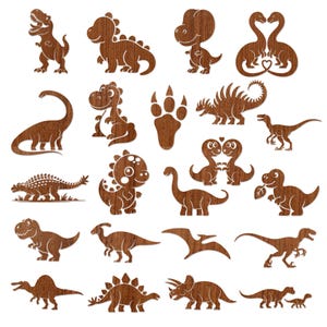 May include: A collection of wooden dinosaur cutouts in various poses and species. The dinosaurs are in shades of brown, with visible wood grain. Designs include a T-Rex, Brontosaurus, and Triceratops, among others. Ideal for crafting or educational projects.