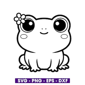 Rana kawaii SVG PNG / Archivo de corte de rana chibi linda / Diseño de rana bebé en blanco y negro para camisetas y calcomanías de Cricut / Clipart de animales
