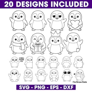 Könnte beinhalten: Schwarz-weiße Illustrationen von 20 verschiedenen Pinguin-Designs. Einige Pinguine haben Accessoires wie eine Krone, einen Schal oder eine Sonnenbrille. Der Text oben lautet "20 DESIGNS INCLUDED". Der Text unten lautet "SVG - PNG - EPS - DXF".