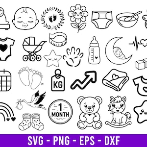 Puede incluir: Una colección de ilustraciones en blanco y negro con temática de bebé, que incluye una báscula para bebés, una cara de bebé, huellas de pies, un cochecito, un oso de peluche y un caballito balancín. La imagen también incluye un calendario, un biberón y un pañal.