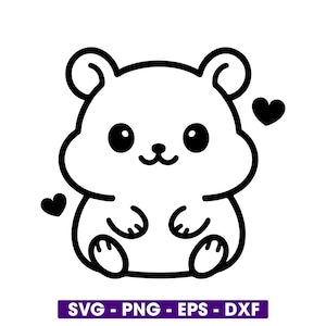 Op de afbeelding: Zwart-wit cartoon illustratie van een hamster met grote ogen, een kleine neus en twee harten. De afbeelding bevat de tekst "SVG - PNG - EPS - DXF" in een paarse rechthoek onderaan.
