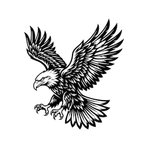 May include: A black and white graphic illustration of a bald eagle in flight with wings spread wide, sharp talons extended forward, and detailed feather patterns across the body, head, and wings, presented in a high-contrast vector style.