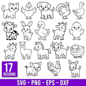 かわいい農場動物のSVG/PNGバンドル | 17種類の農場動物のSVG/PNG | Cricut/Silhouette用農場動物カットファイル | 子供向け保育園動物クリップアート