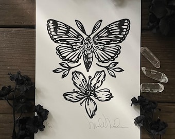 Moth Blossom Linocut Print