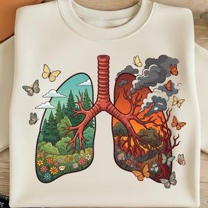 以下が含まれることがあります： クリーム色のスウェットシャツ。肺の様式化されたイラストが特徴です。片方の肺は蝶のいる健康な森の風景を描き、もう片方は煙とオレンジ色の色合いの汚染された環境を示しています。デザインにはカラフルな蝶が含まれています。