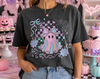 パステルゴーストPNG、コケットハロウィンゴースト、ピンクリボンゴースト、不気味でかわいいゴースト、チェッカーボードハロウィン、パステルゴスゴースト、かわいいゴーストアート