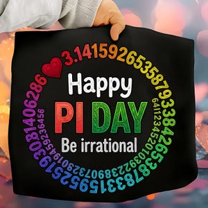Può includere: Cuscino nero con la scritta "Happy PI DAY" in bianco e rosso, circondato da un cerchio colorato di numeri. Un cuore rosso è a sinistra. La frase "Be irrational" è sotto.