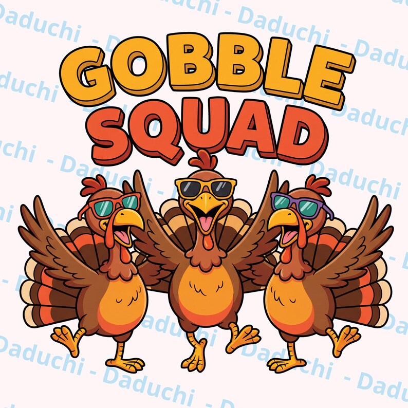 Funny Gobble Squad Cartoon Turkeys PNG Cool Thanksgiving Design 