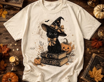 黒魔女猫、ハロウィン猫アート、コテージコアハロウィン、月明かりの猫イラスト、カボチャ魔女装飾、不気味な秋の猫
