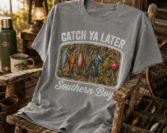 Fishing Lures Sublimation Design PNG Catch Ya Later Southern Boy Camo Background Tackle Illustration for T-Shirts Mugs Fisherman Gift Outdoo
