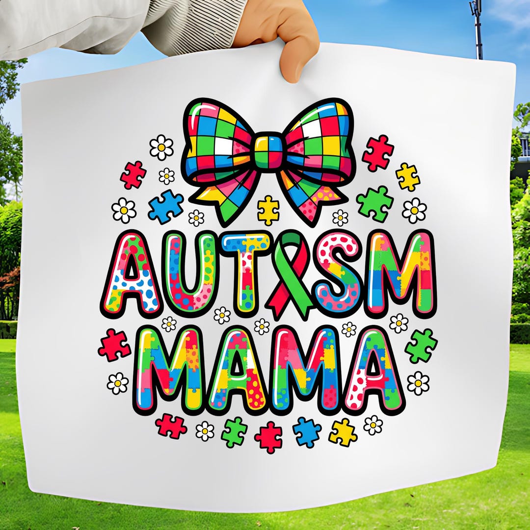 Autism Mama PNG, Colorful Puzzle Piece Design, Trendy Bow Ribbon ...