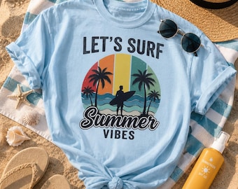 Let's Surf Summer VIBES PNG Retro Beach Sublimation Vintage Surfer Design Tropical Palm Tree Coastal PNG Trendy Digital Download