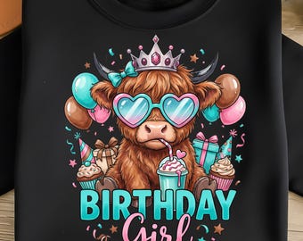 ハイランド牛の誕生日の女の子PNGかわいいふわふわの子牛のデザインパーティー動物昇華パステルかわいいPNGトレンディな子供用ギフトデジタルダウンロード