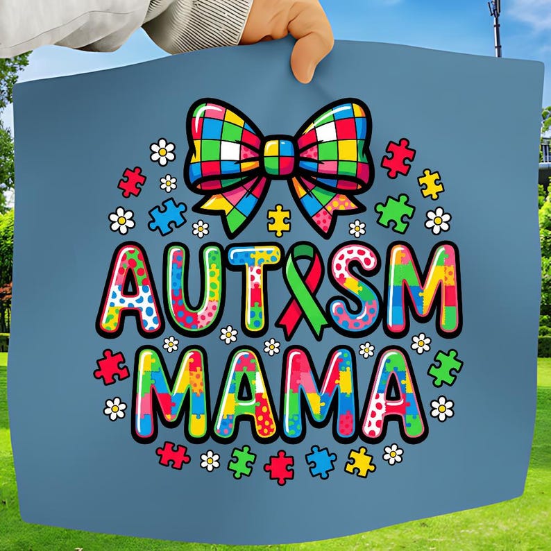 Autism Mama PNG, Colorful Puzzle Piece Design, Trendy Bow Ribbon ...