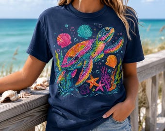 カラフルなウミガメのアート、熱帯の海のカメ、沿岸の海洋生物、ビーチの貝殻アート、サンゴ礁のカメ、水中の自然アート